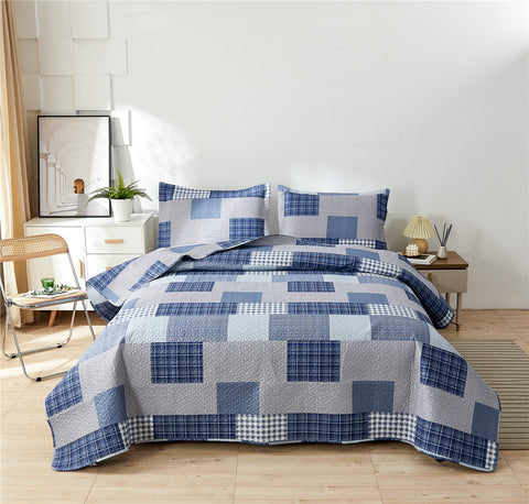 3-Piece Quilt Set King Size Blue White Plaid Quilt Patchwork Bedding Reversible Quilt Bedspread Plaid Lightweight Coverlet Bed Set Star Print Pattern Navy Plaid Quilt for All Season