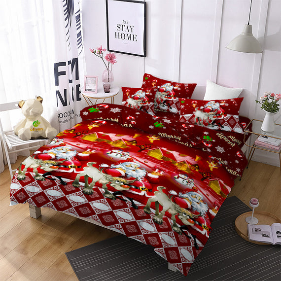 Jessy Home Christmas Bedding Set Queen Size Cute Red Santa Claus Duvet Cover Set Kids Cartoon 4 Pieces Bedding for New Year Decoration